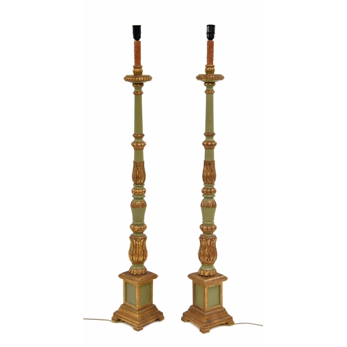 780 - Pair of decorative Regency style green painted and gilt torchere standard lamps, with shades, 61