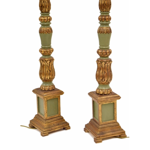 780 - Pair of decorative Regency style green painted and gilt torchere standard lamps, with shades, 61