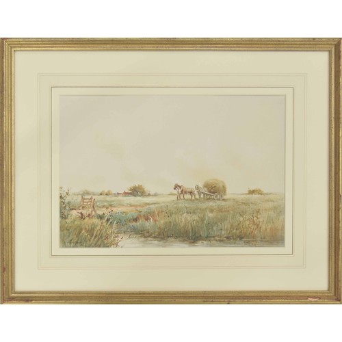 659 - Bartram Hiles (1872-1927) - Hay making scene, signed, also extensively inscribed on a later label ve... 