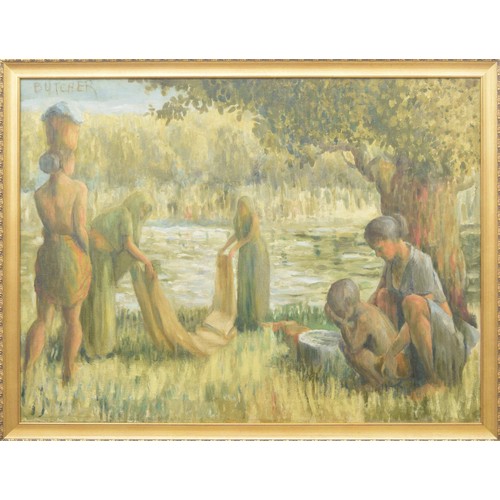 719 - Daniel Butcher (20th century) - Indian women washing clothes beside a river, signed Butcher, oil on ... 