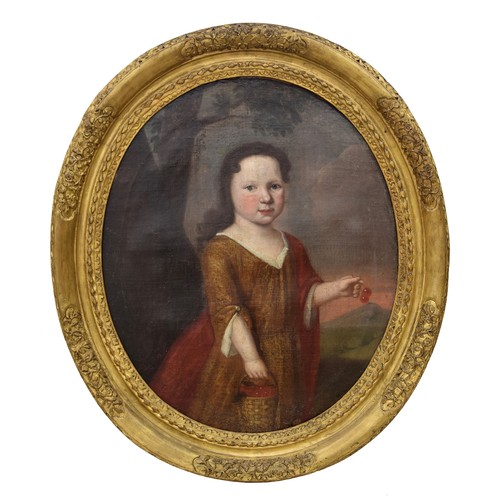 712 - English School (18th century) - Portrait of young child wearing gold coloured dress with red cloak, ... 