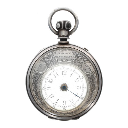 99 - Rare late 19th century silver mystery pocket watch, cylinder crescent shaped movement above the dial... 