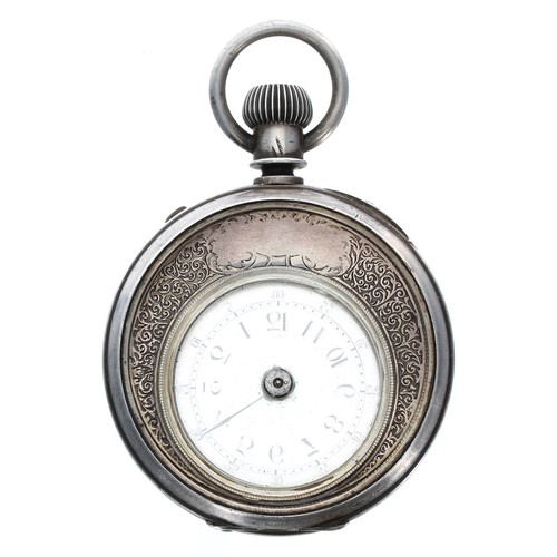 99 - Rare late 19th century silver mystery pocket watch, cylinder crescent shaped movement above the dial... 