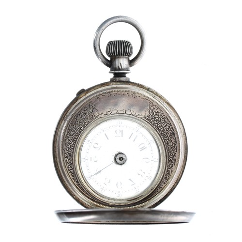 99 - Rare late 19th century silver mystery pocket watch, cylinder crescent shaped movement above the dial... 