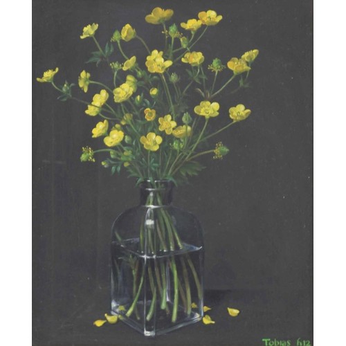 731 - Tobias (Toby) Harrison (b.1950) - still life of buttercups within a glass bottle signed Tobias and n... 