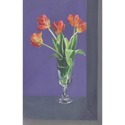 730 - Tobias (Toby) Harrison (b.1950) - still life of tulips in a glass contained within a niche signed To... 