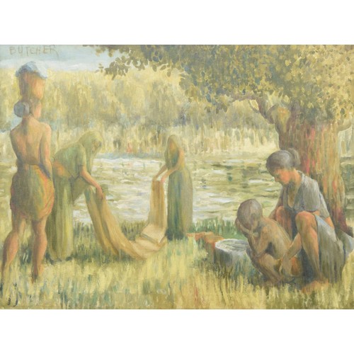 719 - Daniel Butcher (20th century) - Indian women washing clothes beside a river, signed Butcher, oil on ... 