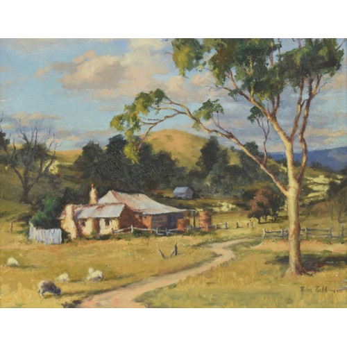 717 - Attributed to Ailsa Robb (20th century) - Australian lodge with sheep grazing the the foreground and... 