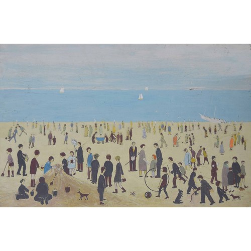 716 - Style of Helen Layfield Bradley MBE (1900-1979) - 'At The Seaside', figures on a beach with boats on... 