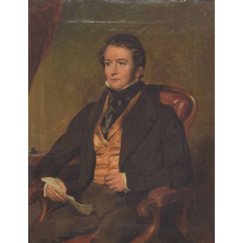 704 - English School (19th century) - Portrait of a gentleman seated in a chair holding a document in his ... 