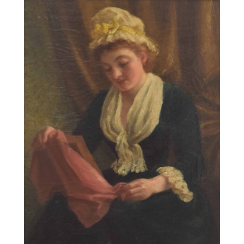 702 - English School (19th century) - Figurative subject of a lady seated holding a picture partially drap... 