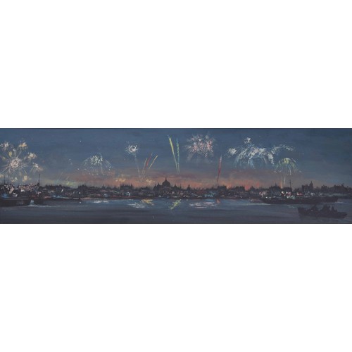 687 - Leonard Kingswood (20th century) - fireworks above a London panorama with The Thames in the foregrou... 