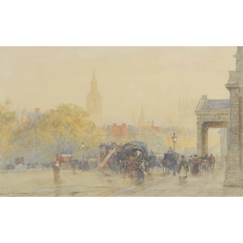 681 - Herbert Menzies Marshall RWS (1841-1913) - London street scene with carriages and trams, figures on ... 