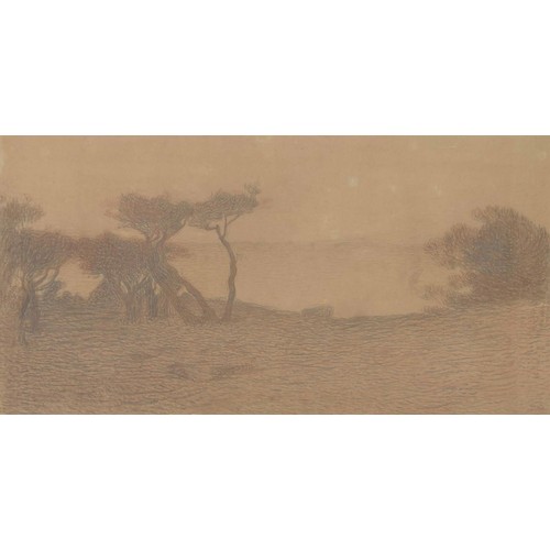 665 - Continental School (20th century) - Coastal scene with trees, coloured chalk on tinted paper, 15.75