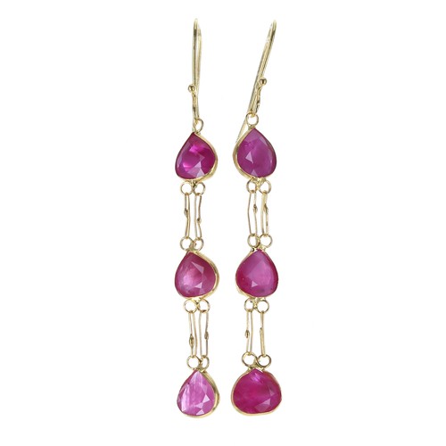 324 - Pair 14k ruby drop earrings, 0.7gm, 36mm drop