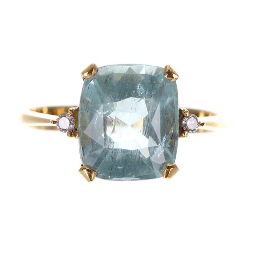 327 - 14k yellow gold aquamarine and diamond three stone ring, width 10mm, 2.5gm, ring size M... 