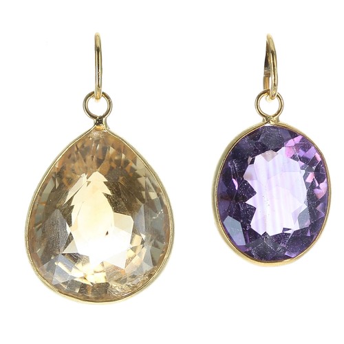 328 - 14k citrine pendant, 22mm x 12mm; also an amethyst pendant (2)