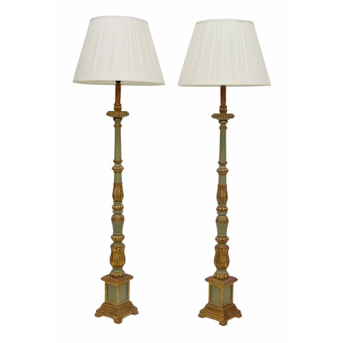 780 - Pair of decorative Regency style green painted and gilt torchere standard lamps, with shades, 61