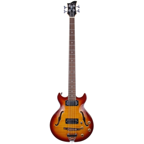 377 - Jay Turser semi-hollow body bass guitar; Finish: sunburst, a few minor scratches, vacant hole below ... 