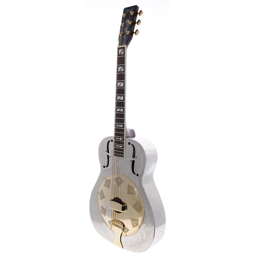 386 - Ozark Professional engraved resonator guitar; Body: engraved nickel plate with brass cone, minor mar... 