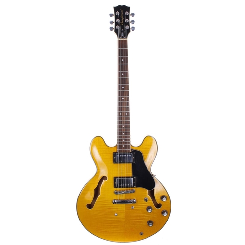 391 - Tanglewood AS35 semi-hollow body electric guitar; Body: amber finish, old Bigsby holes plugged to to... 