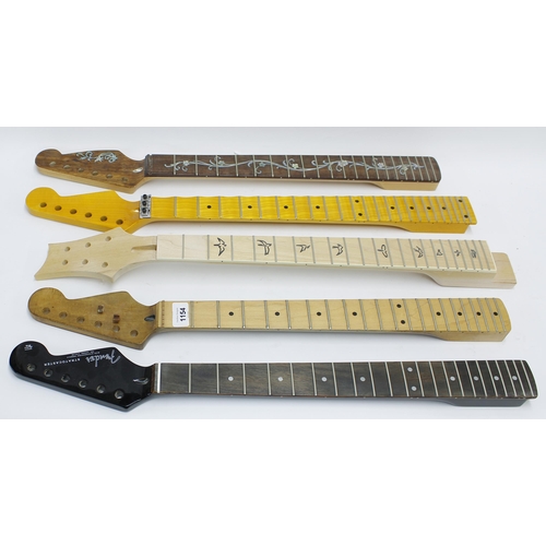 1154 - Four various Strat style guitar necks, including one scalloped with locking nut; together with a PRS... 