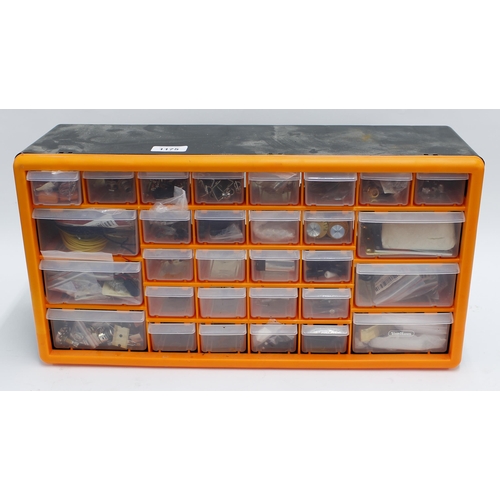 1175 - Plastic multi-drawer chest containing a good selection of guitar parts to include a Tone Pros AVT II... 