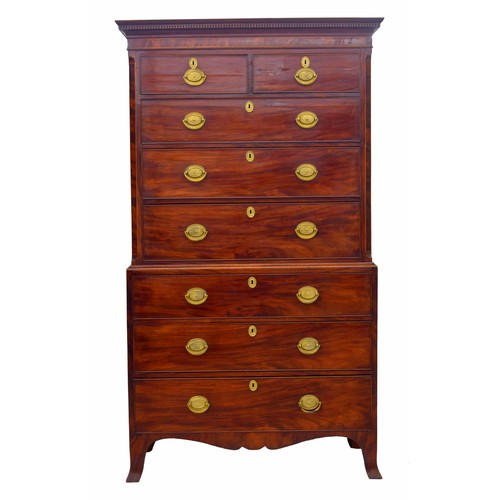 777 - Georgian mahogany chest on chest, the moulded key corniche over another section of two short with th... 