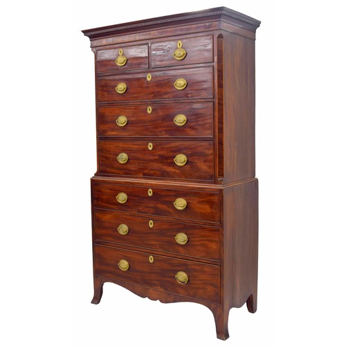 777 - Georgian mahogany chest on chest, the moulded key corniche over another section of two short with th... 