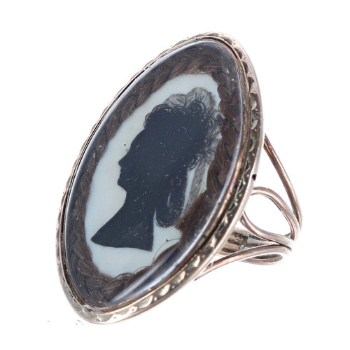 342 - Good Georgian rose gold silhouette navette mourning ring, painted on parchment depicting a profile p... 