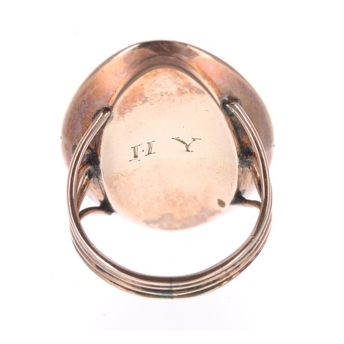 342 - Good Georgian rose gold silhouette navette mourning ring, painted on parchment depicting a profile p... 