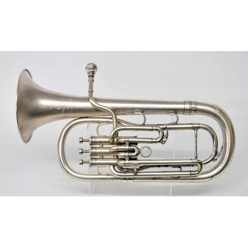 1815 - Boosey & Hawkes Imperial silver plated tenor horn, ser. no. 593739, mouthpiece, music clip and c... 