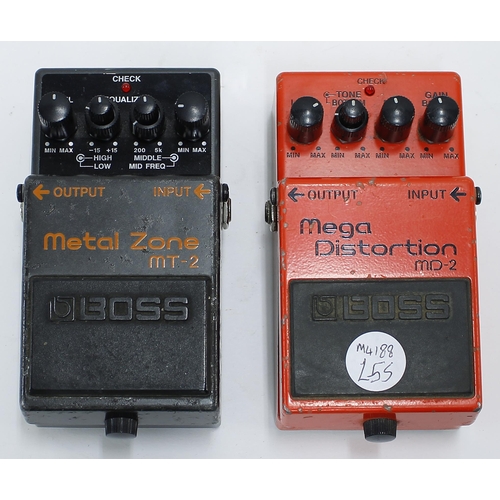 953 - Boss MD-2 Mega Distortion guitar pedal; together with a Boss MT-2 Metal Zone guitar pedal (2)... 