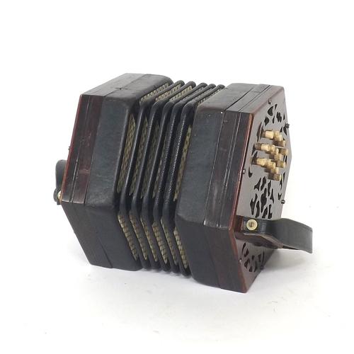 1567 - Lachenal & Co three row Anglo concertina in C & G, with thirty bone buttons on pierced woode... 