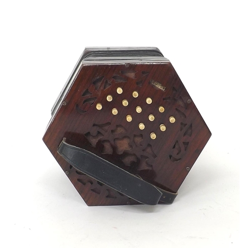 1567 - Lachenal & Co three row Anglo concertina in C & G, with thirty bone buttons on pierced woode... 