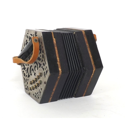 1568 - Old German concertina, with twenty buttons on foliate pierced metal ends, six-fold bellows... 