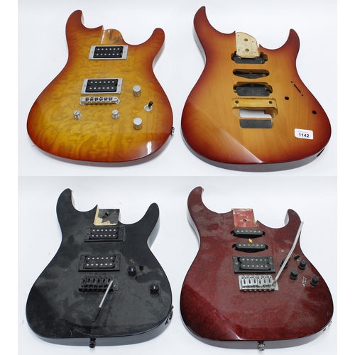 1142 - Four Superstrat Type guitar bodies for projects, three fitted with some electronics and hardware (4)... 