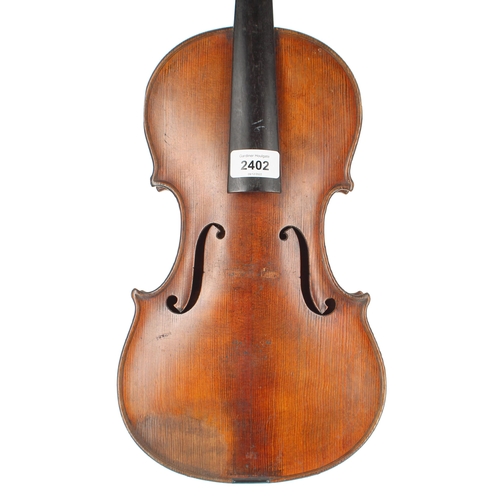 2402 - Interesting mid 19th century violin, unlabelled, the two piece back of medium/fine curl with similar... 