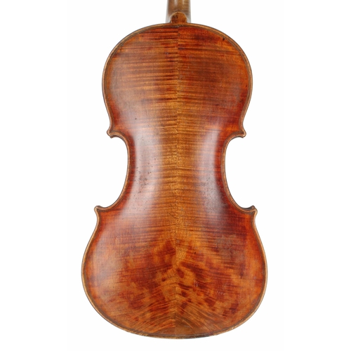 2402 - Interesting mid 19th century violin, unlabelled, the two piece back of medium/fine curl with similar... 