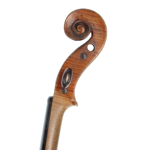 2402 - Interesting mid 19th century violin, unlabelled, the two piece back of medium/fine curl with similar... 