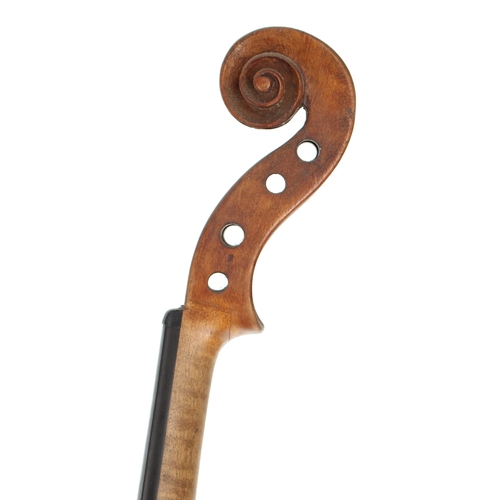 2404 - Interesting late 18th/early 19th century violin, unlabelled, the two piece back of very faint medium... 