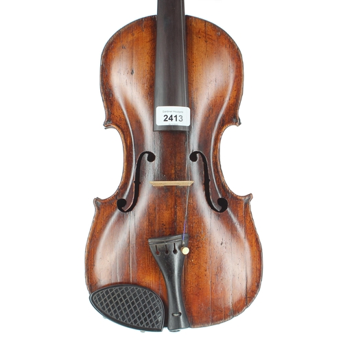 2413 - Interesting early 19th century violin with inked purfling and in need of restoration labelled John B... 