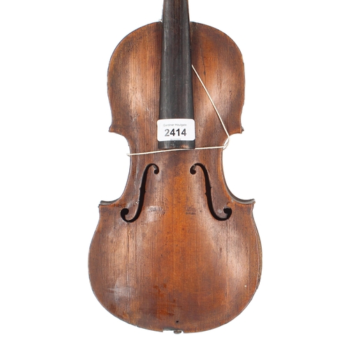 2414 - Interesting late 18th/early 19th century unpurfled half size violin in need of restoration, unlabell... 