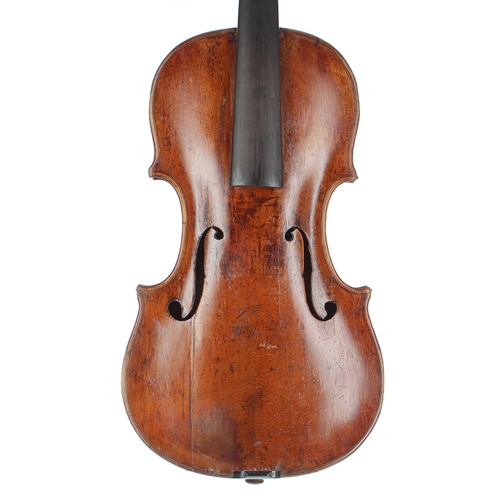 2418 - Interesting violin circa 1800, unlabelled, the one piece back of faint medium curl with similar wood... 