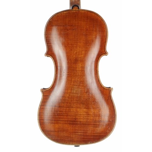 2418 - Interesting violin circa 1800, unlabelled, the one piece back of faint medium curl with similar wood... 