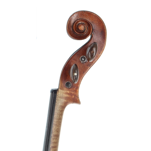 2418 - Interesting violin circa 1800, unlabelled, the one piece back of faint medium curl with similar wood... 