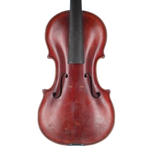 2443 - Late 19th century violin labelled Jacobus Stainer..., the two piece back of broad curl with similar ... 