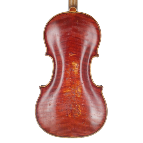 2443 - Late 19th century violin labelled Jacobus Stainer..., the two piece back of broad curl with similar ... 