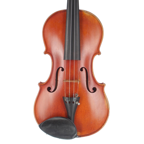 2444 - Violin stamped AM on the button, the one piece back of broad curl with similar wood to the sides, th... 