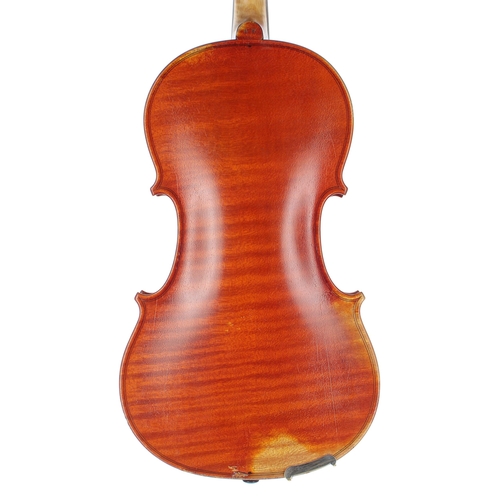 2444 - Violin stamped AM on the button, the one piece back of broad curl with similar wood to the sides, th... 